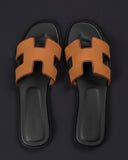 Genuine Leather H Cut-out Women Oran Sandal Black Orange Nuback