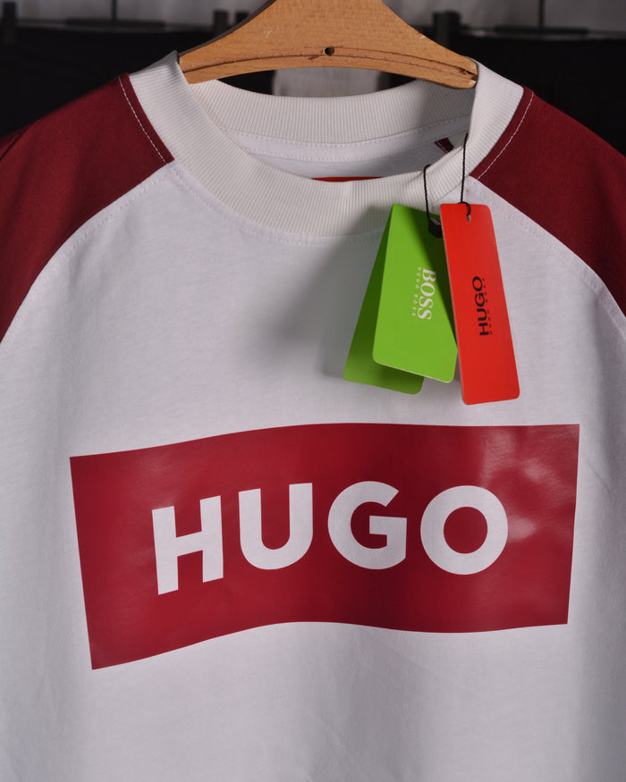 Hugo box logo Drop Shoulder Raglan T shirt  White/Maroon