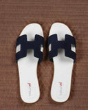 Genuine Leather H Cut-out Women Oran Sandal Navy White