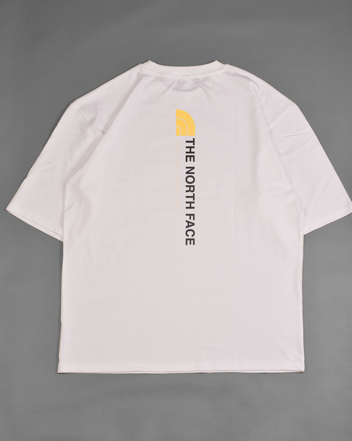 The North Face Vertical logo backprint t-shirt in white/yellow