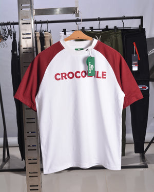 Lacoste Crocodile Print Drop Shoulder Raglan T shirt  White/Maroon