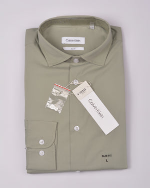 Calvin Klein Steel Solid Herringbone Dress Shirt Olive