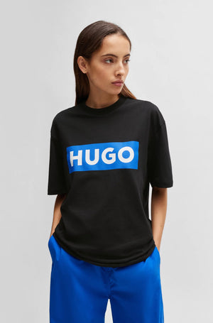 HUGO Cotton-jersey T-shirt with blue logo Black