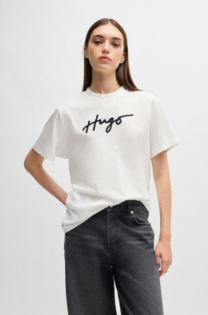 HUGO Cotton T-shirt with flock print white