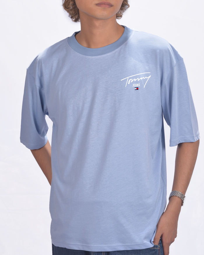 Tommy Jeans signature logo back print t-shirt in  Chambray Blue Drop shoulder