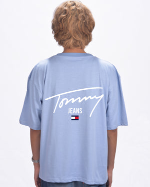 Tommy Jeans signature logo back print t-shirt in  Chambray Blue Drop shoulder