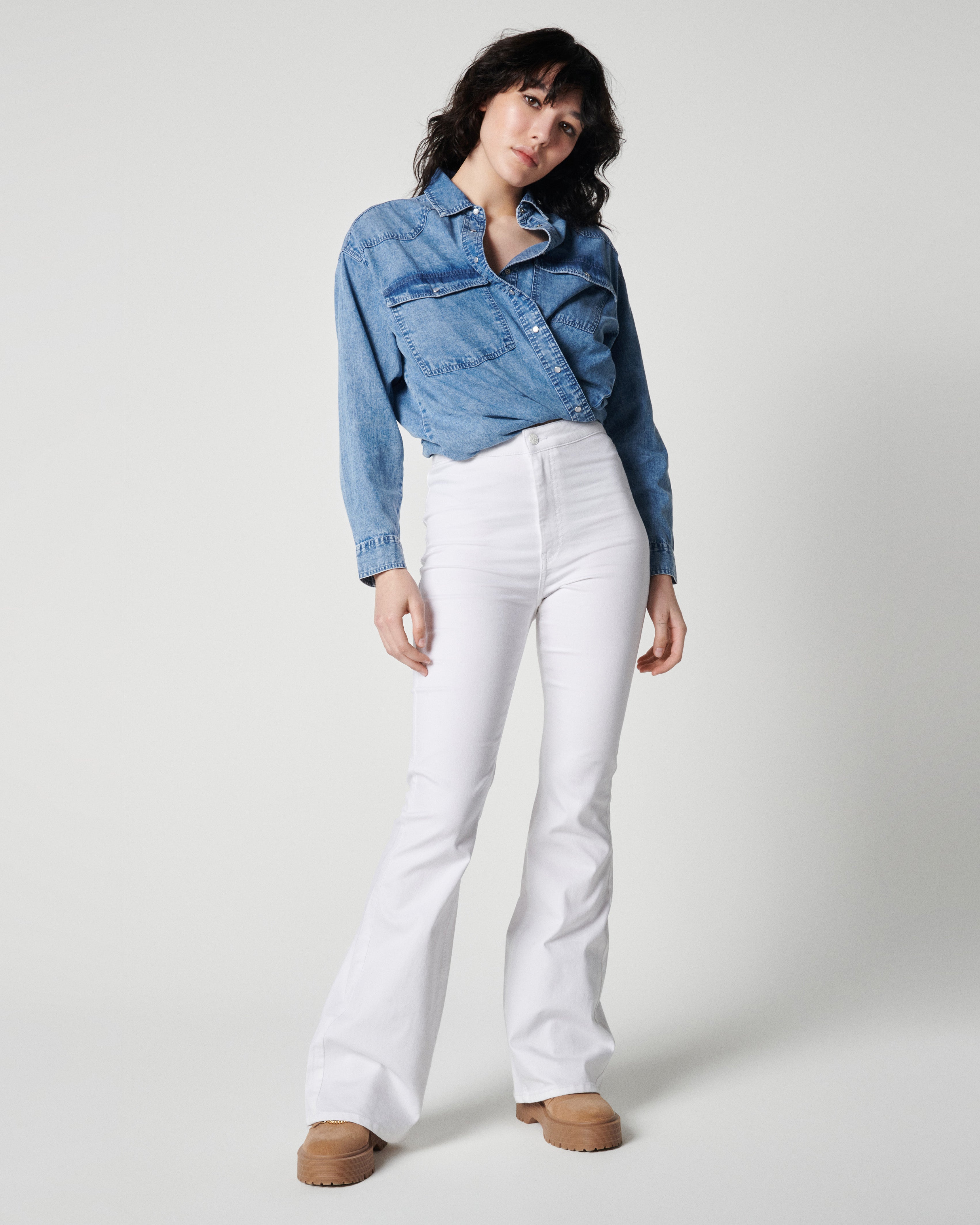 White Flare Denim Jeans High Rise