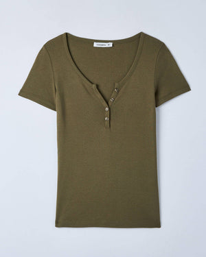 Terranova women Ribbed T-shirt with a grandad neckline  Green military